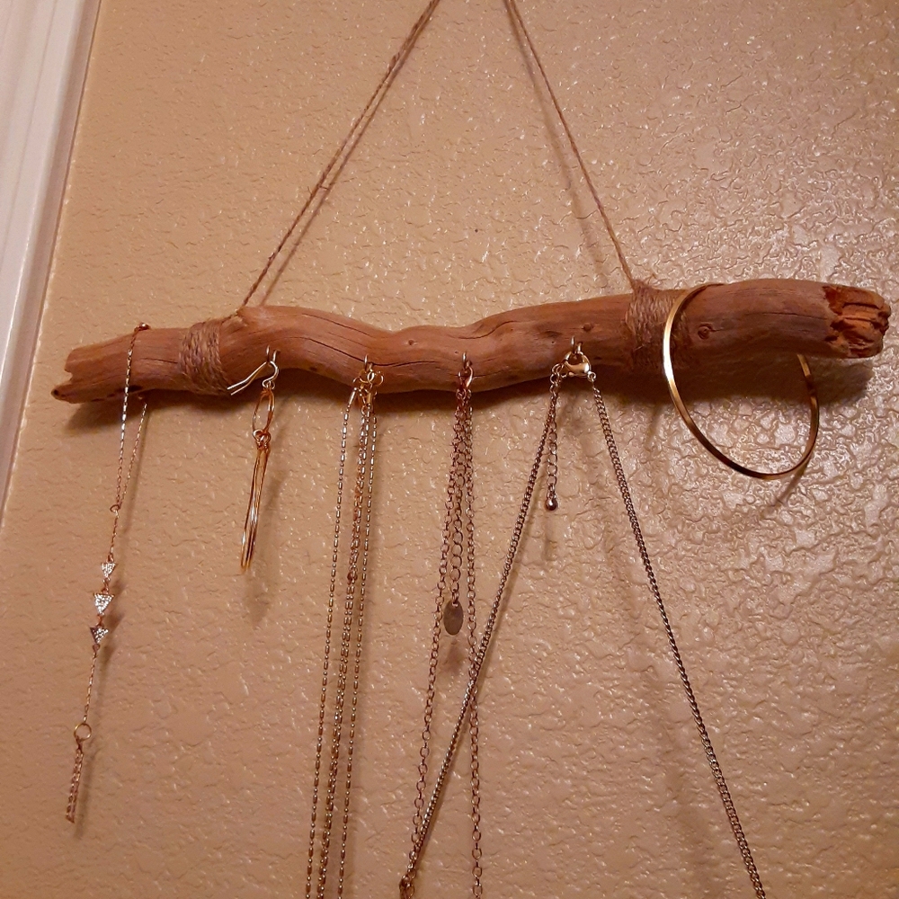 Example. Boho jewelry organizer w/gold hooks.